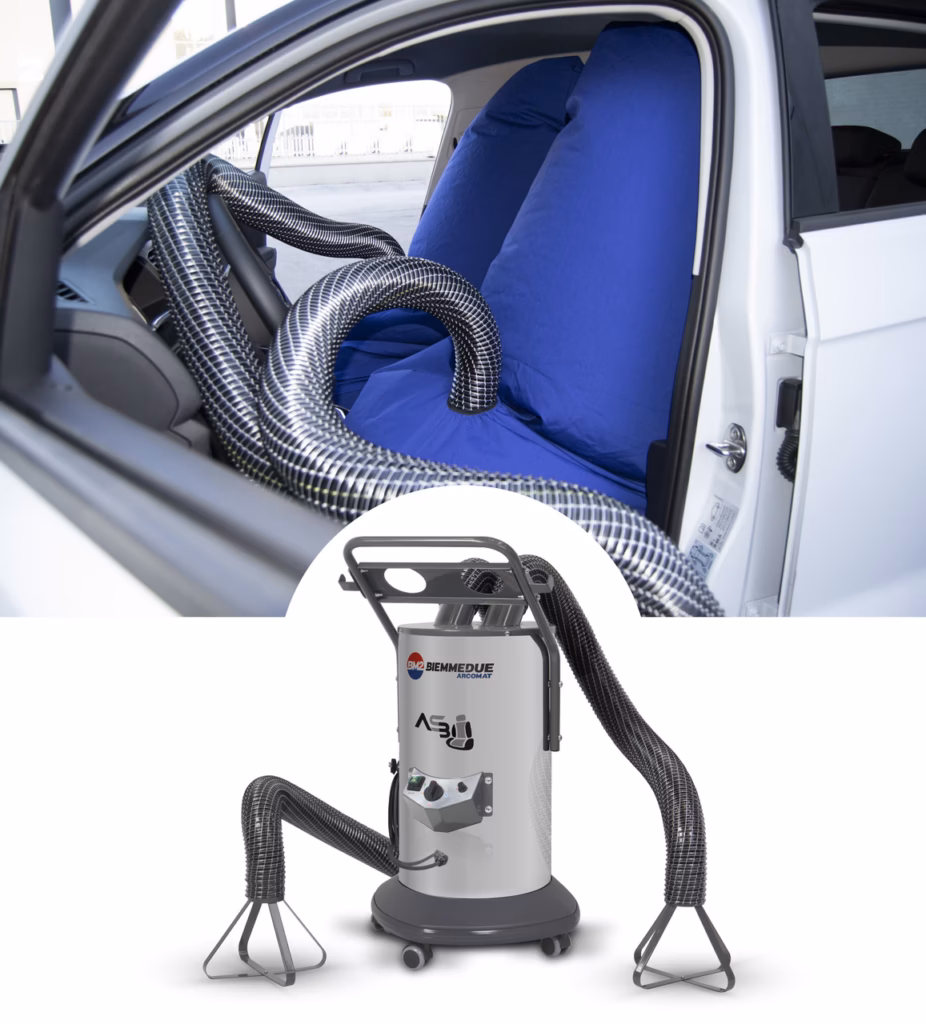Asciugatore interno autoveicoli AS3 BM2 in azione, sistema professionale per asciugatura abitacoli auto e furgoni