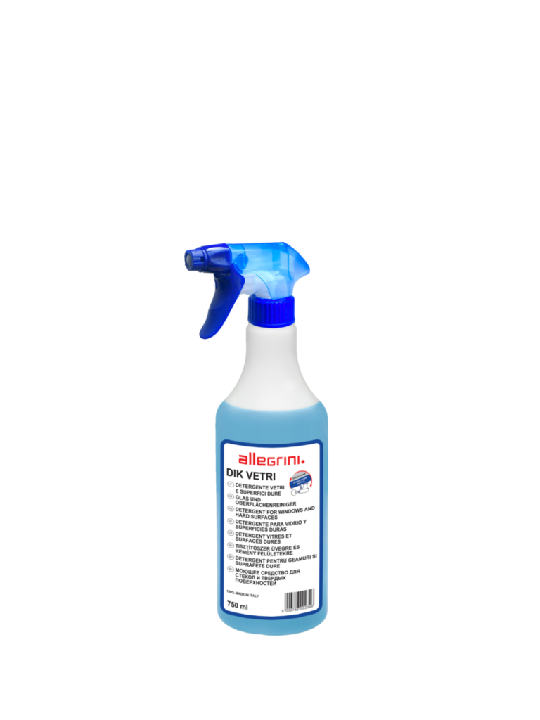 Dik Vetri detergente spray Allegrini per vetri superfici dure e parabrezza flacone professionale vista laterale FM2