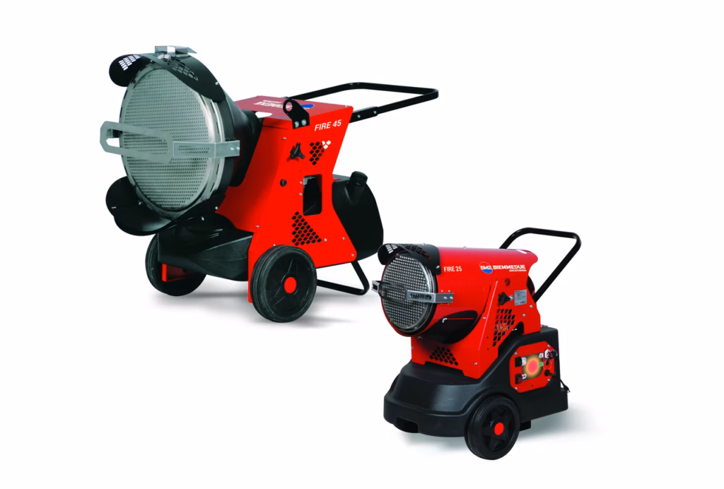 Generatori aria calda infrarossi mobili modello Fire 24 e 45 per riscaldamento professionale cantieri ed eventi