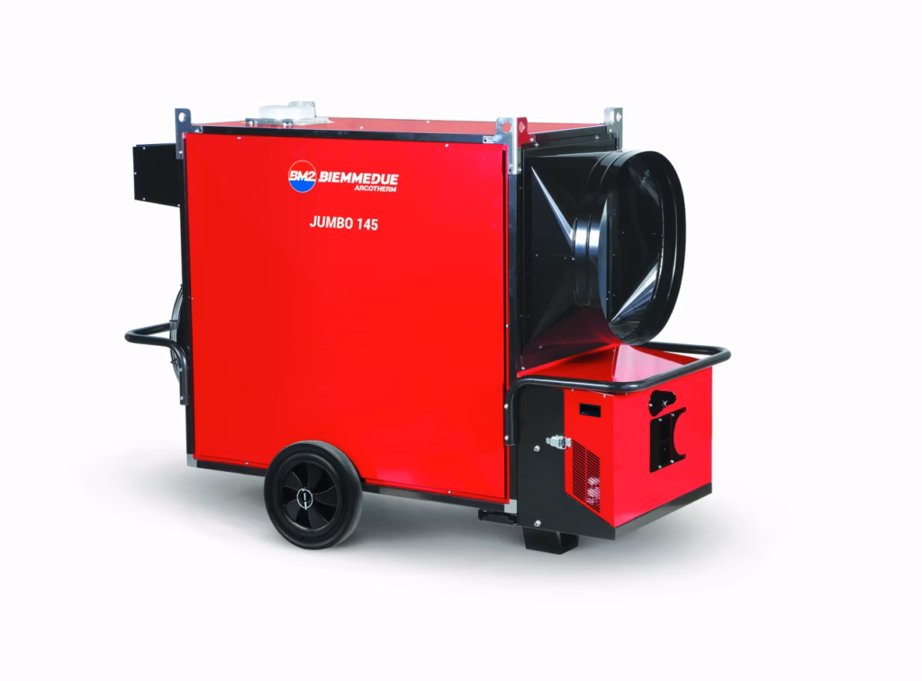 Generatore aria calda carrellato a combustione indiretta con ventilatore assiale per cantieri ed eventi venduto da FM2