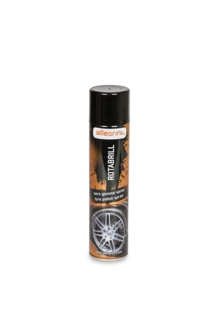 Rotabrill Spray nero gomme effetto lucido Allegrini bomboletta spray per pneumatici auto detailing professionale FM2